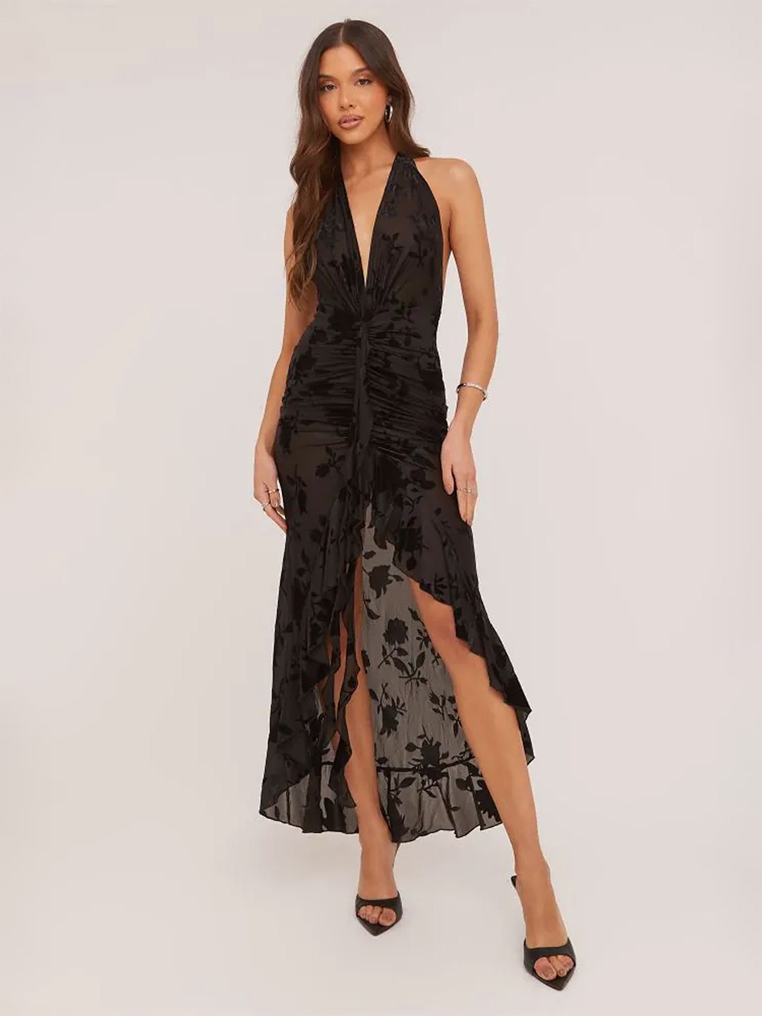 

LULU & SKY Floral Halter Neck Maxi Dress With Tie-Ups, Black