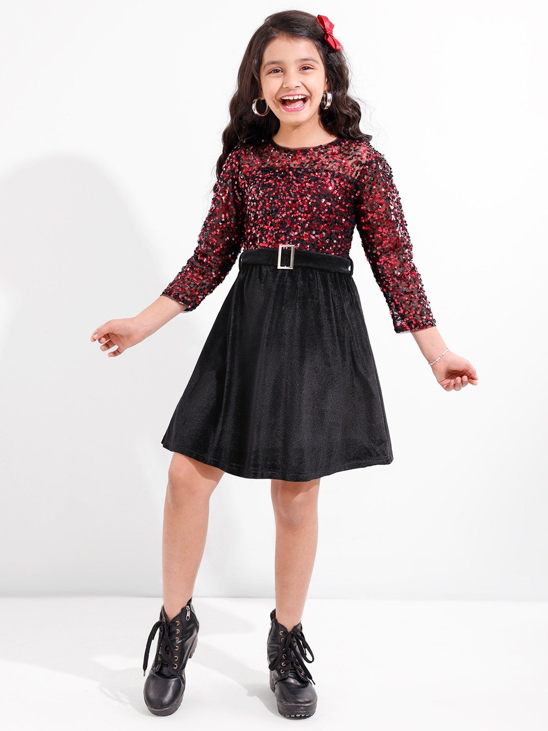 

Hola Bonita Print Knee Length Velvet Fit & Flare Dress, Red