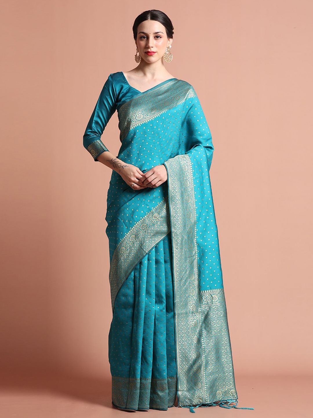 

Jaipur Kurti Silk Banarasi Zari Woven Party Wear Saree, Teal