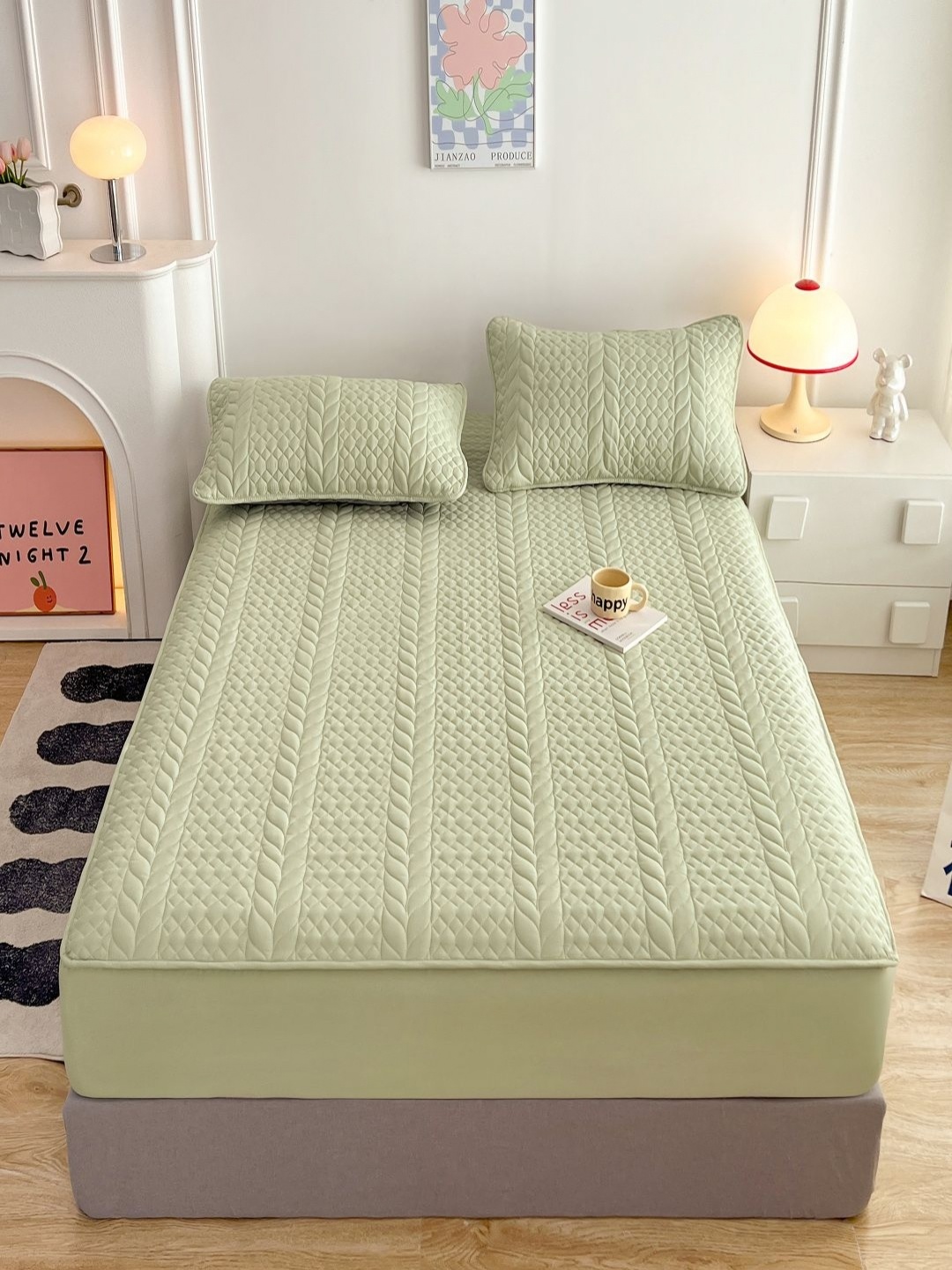 

JC HOME Green Geometric 150 TC Fitted Single Bedsheet with 1 Pillow Covers