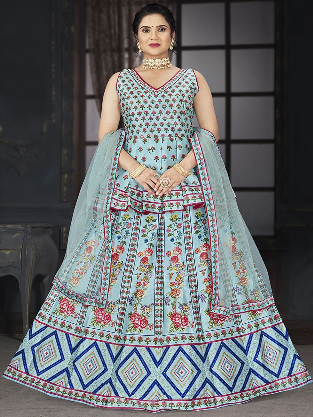 

Krimmple Printed Beads and Stones V-Neck Silk Ready to Wear Lehenga & Blouse With Dupatta, Blue