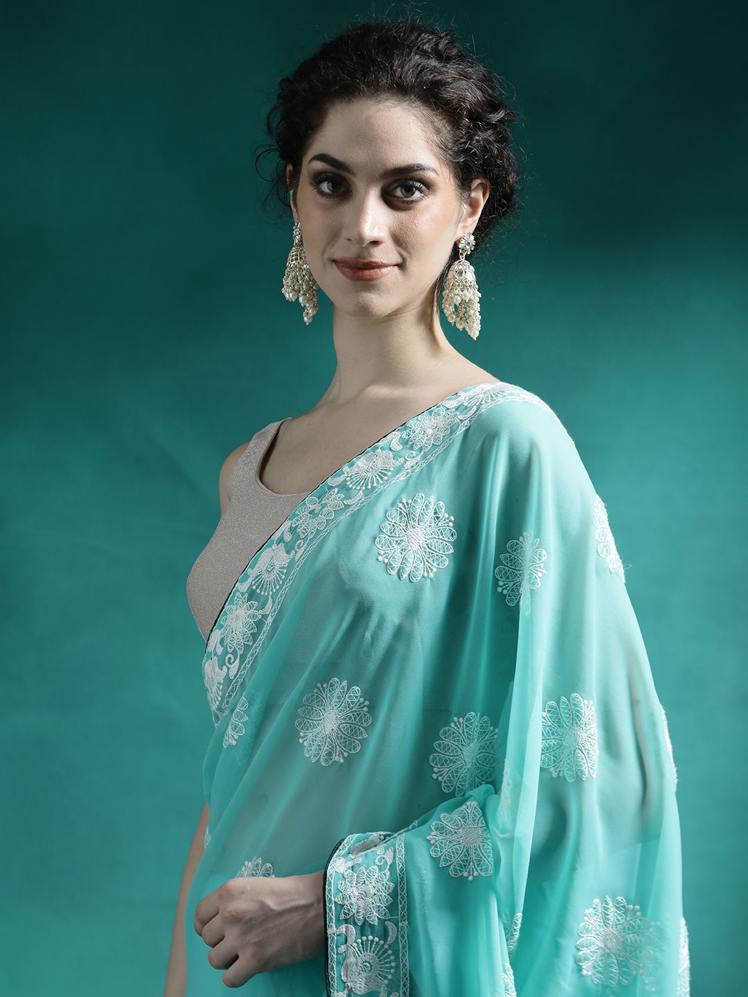 Sangria Embroidered Saree With Blouse Piece, Sea green