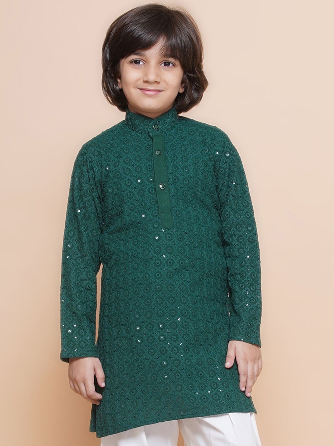 

Aj DEZInES Boys Floral Embroidered Band Collar Sequins Straight Kurta, Green