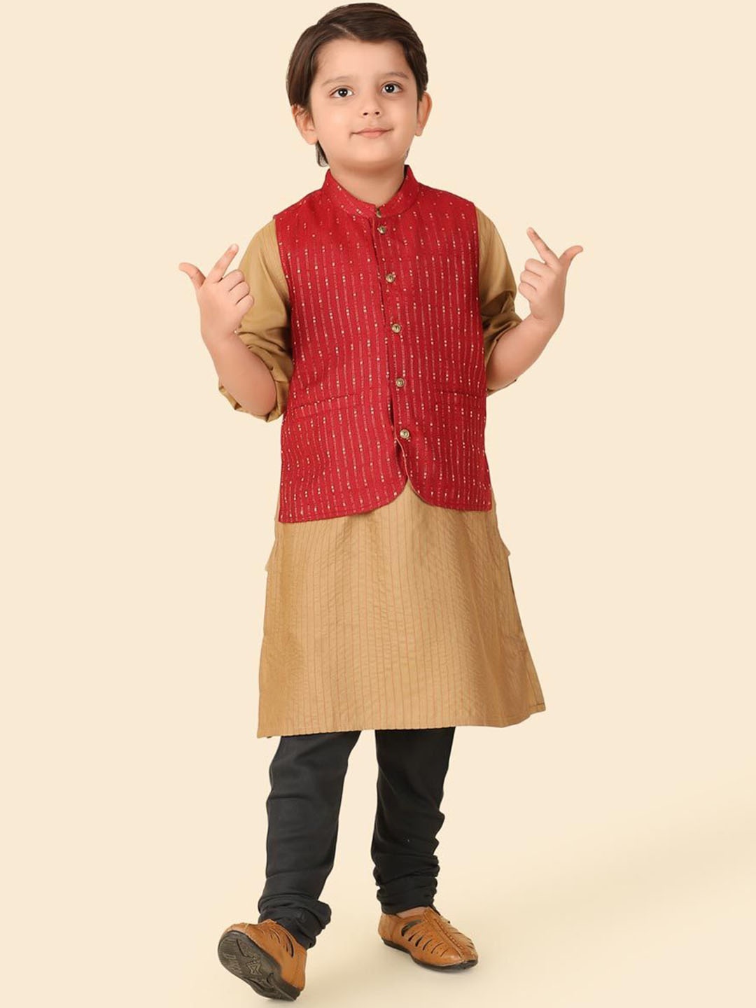 

Fabindia Boys Striped Woven Design Mandarin Collar Straight Kurta, Beige