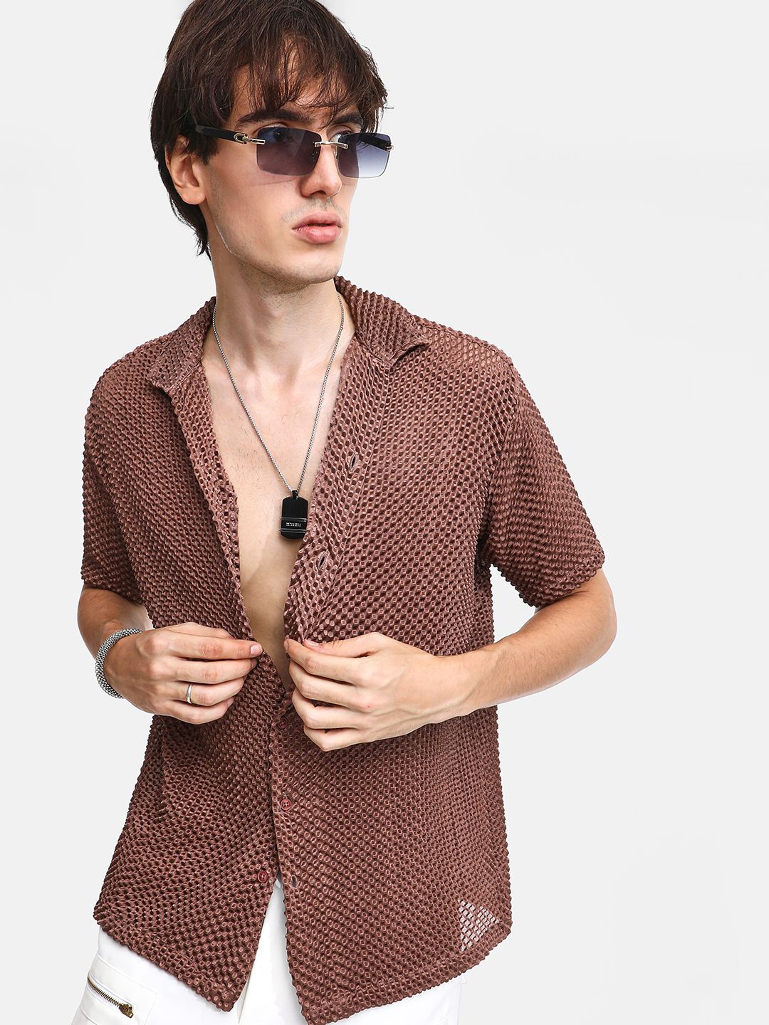 

Campus Sutra Men Comfort Spread Collar Textured Casual Shirt, Brown