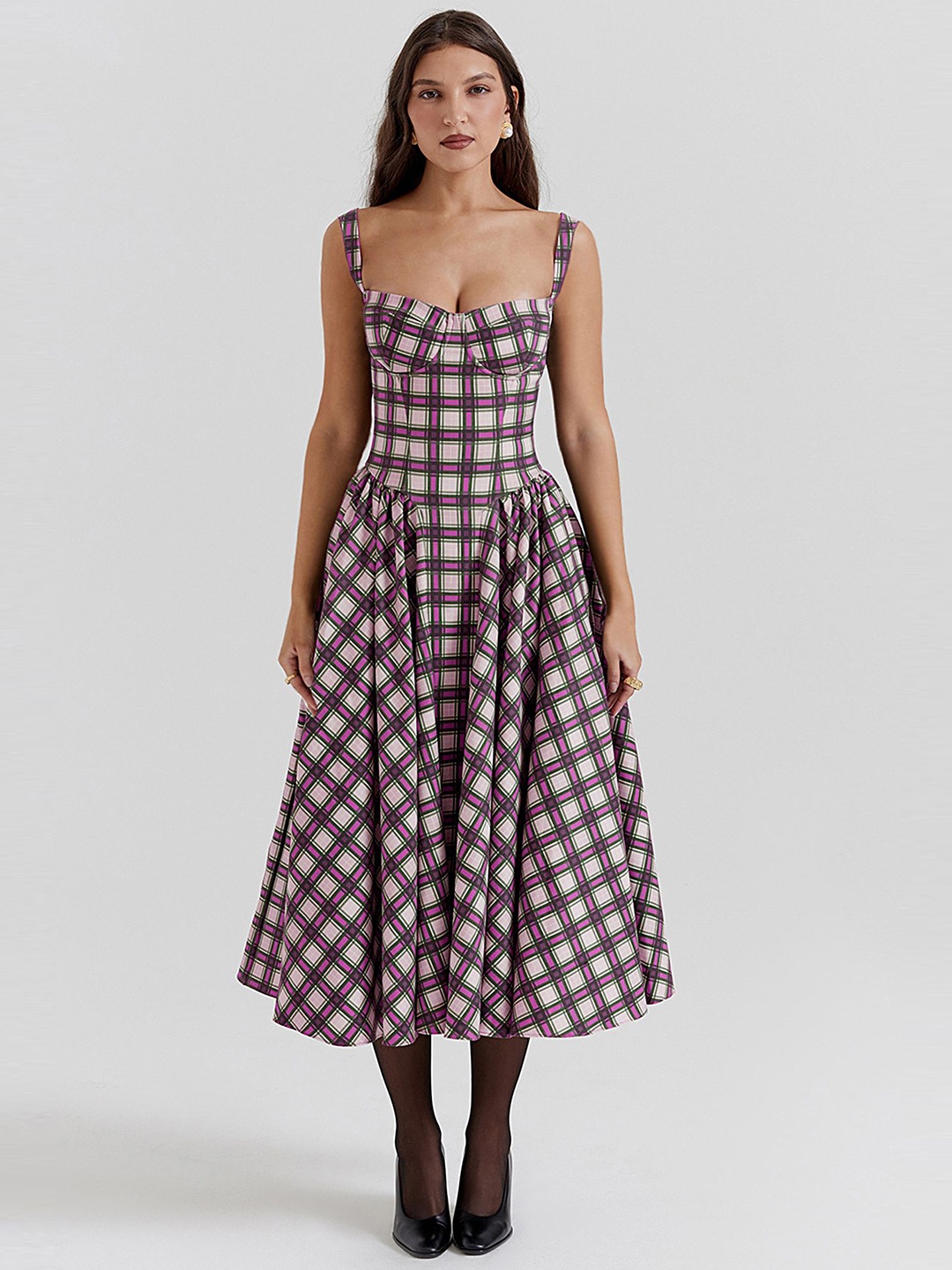 

LULU & SKY Checked Fit & Flare Midi Dress, Rose