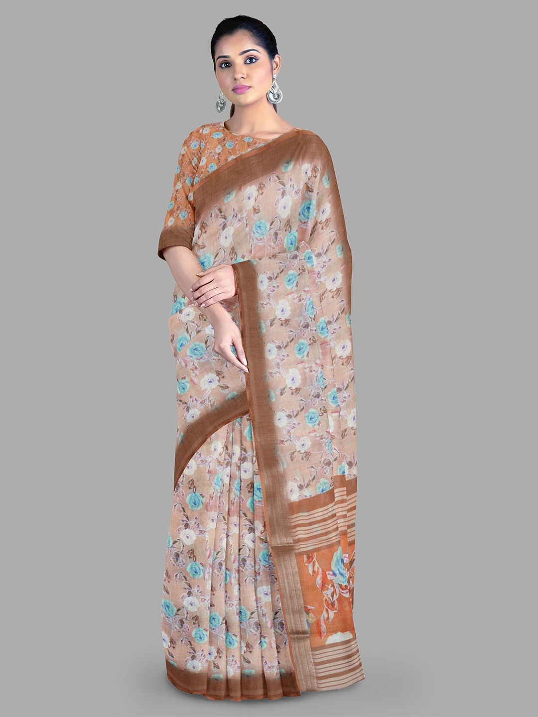 

The Chennai Silks Floral Printed Zari Saree, Peach