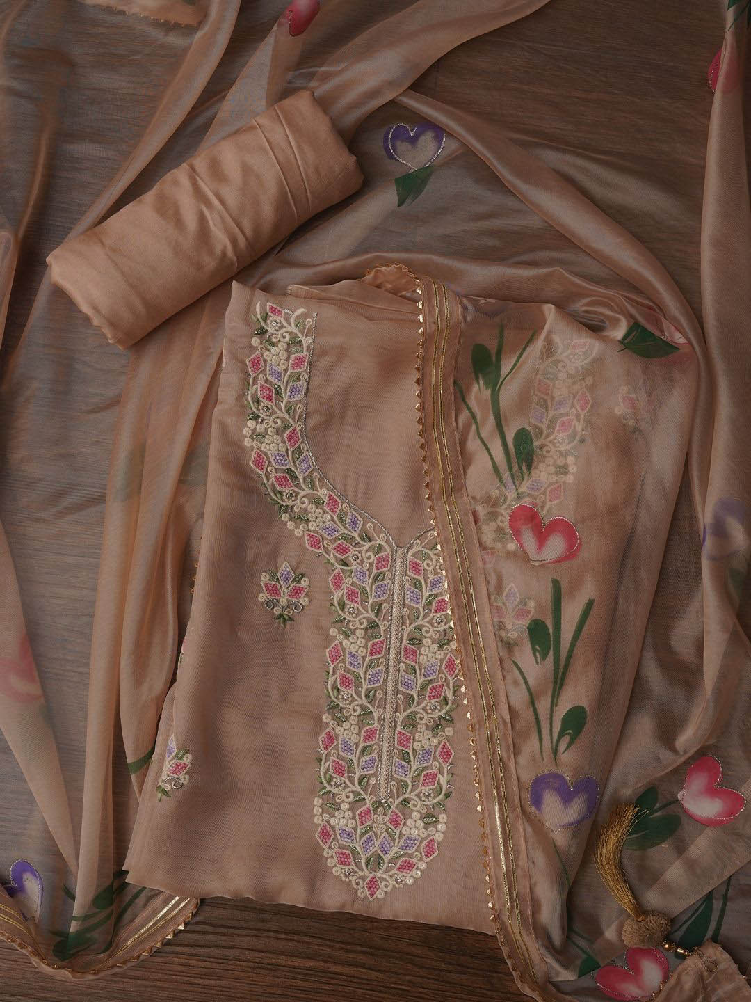 

Jaipur Kurti Handpainted Embroidered Dress Material with Dupatta, Peach