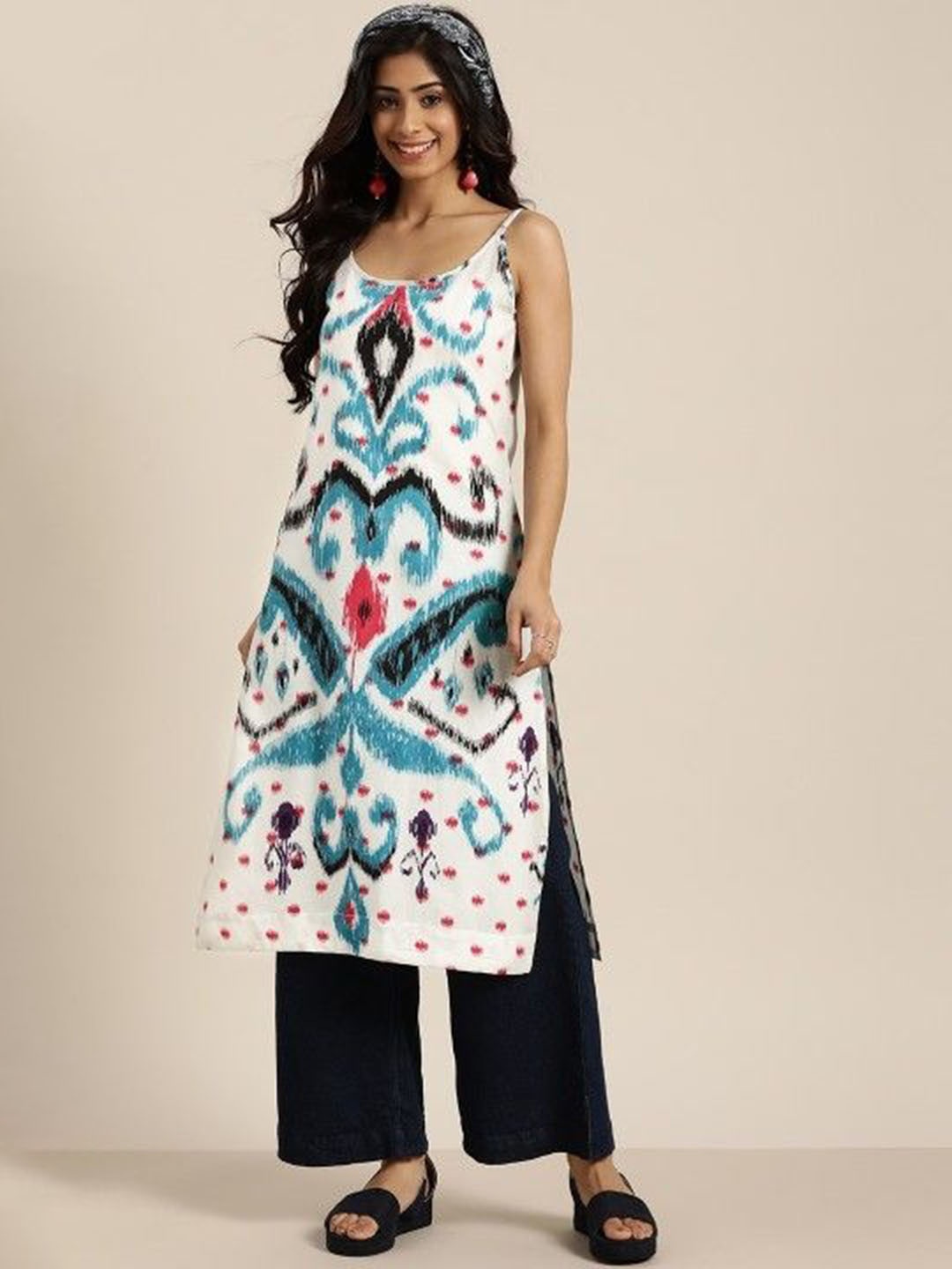 

HERE&NOW Floral Printed Shoulder Straps Straight Pure Cotton Kurta, White