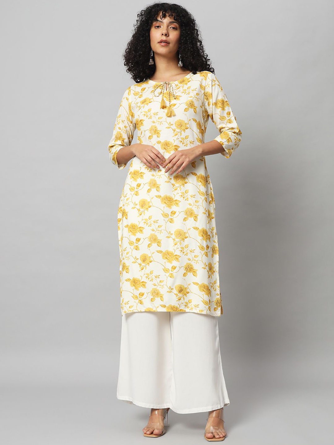 

Sa Rasa Floral Printed Tie-Up Neck Straight Kurta, Yellow