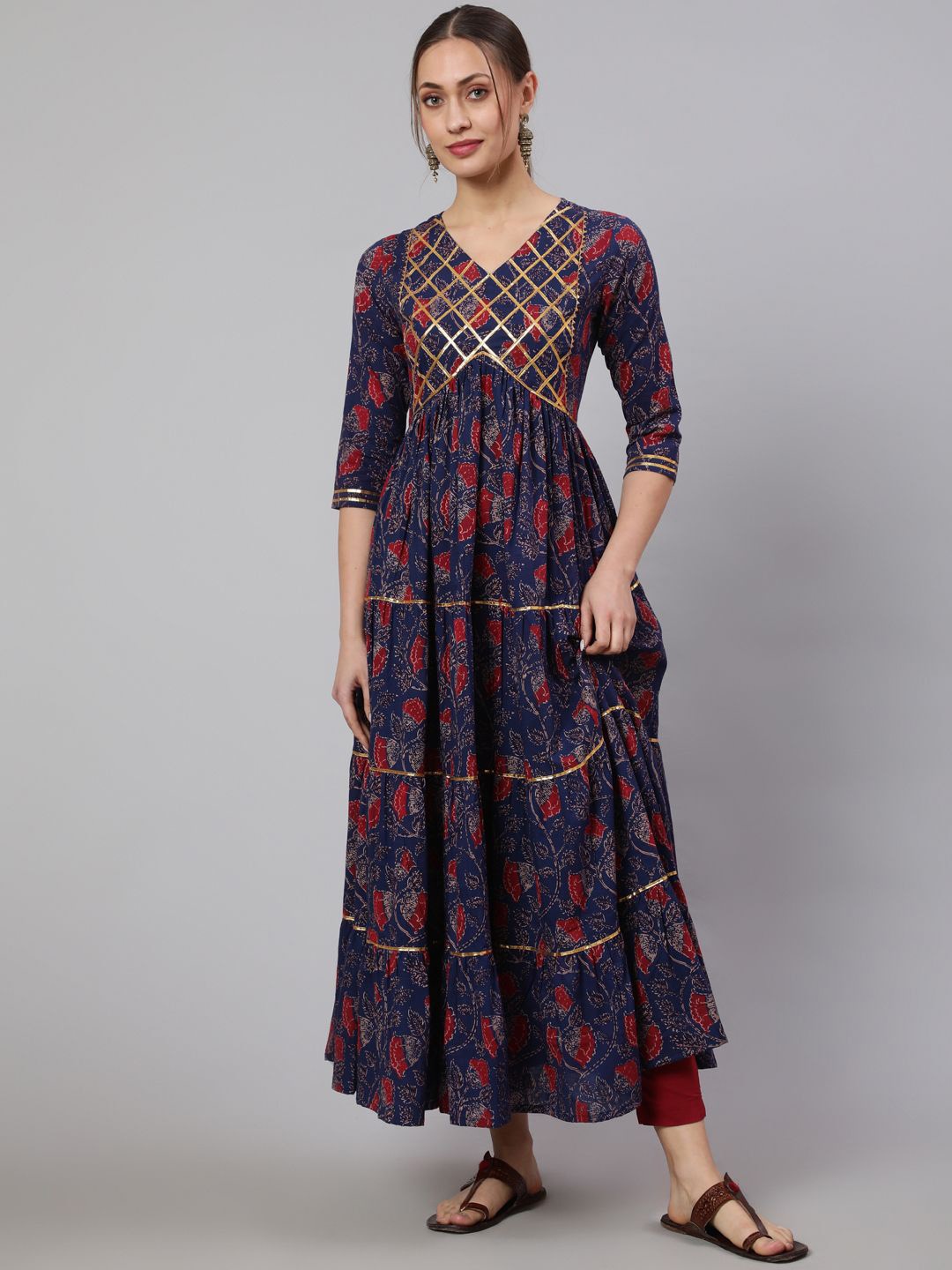 

GLAM ROOTS Floral Printed Gotta Patti Pure Cotton Anarkali Kurta, Blue