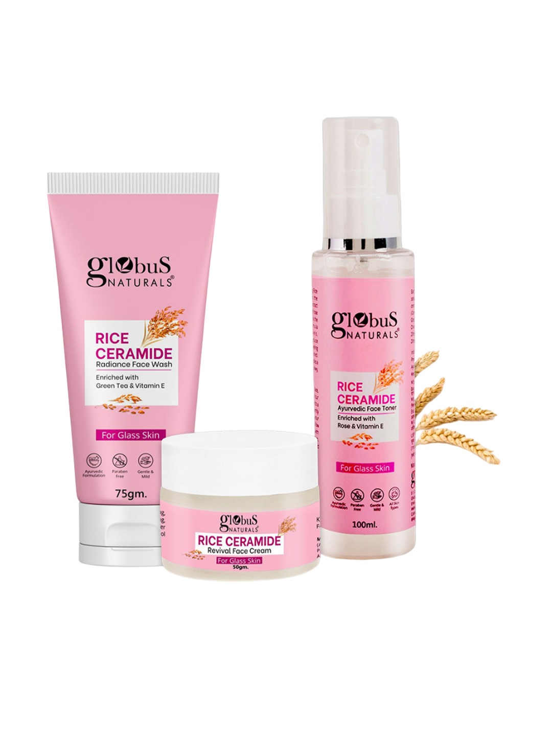 

Globus naturals Set Of 3 Rice Ceramide Face Wash-Toner & Cream, White