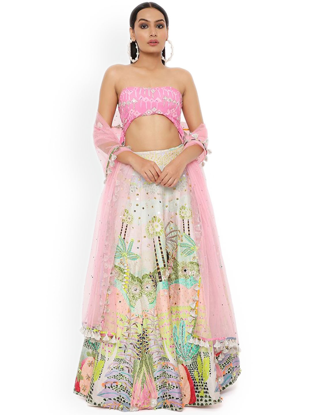 

Payal Singhal Ivana Kite Print Embroidered Bustier & Tropical Lehenga With Net Dupatta, Pink