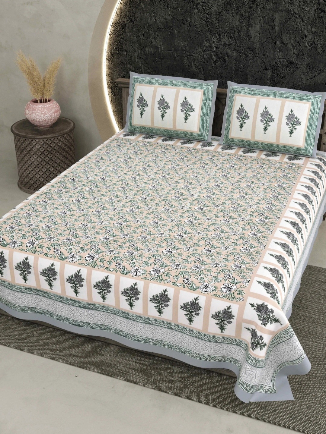 

LIVING ROOTS White & Green Floral Cotton 210 TC Double King Bedsheet with 2 Pillow Covers