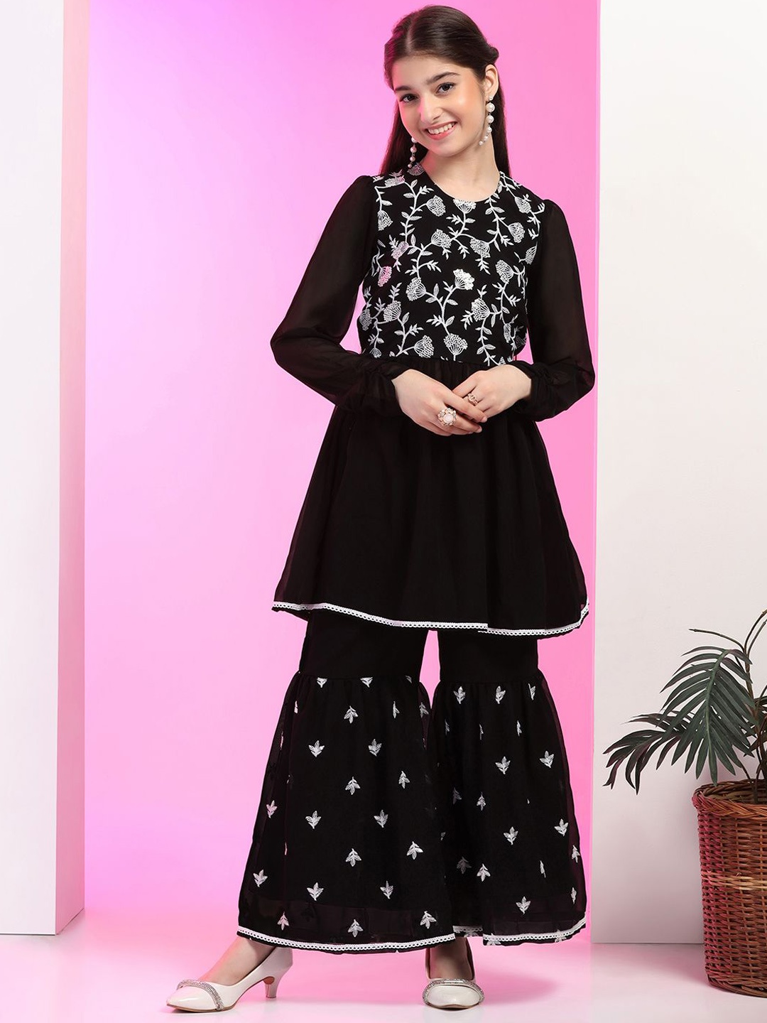 

FASHION DREAM Girls Floral Embroidered Georgette A-Line Kurta with Sharara, Black