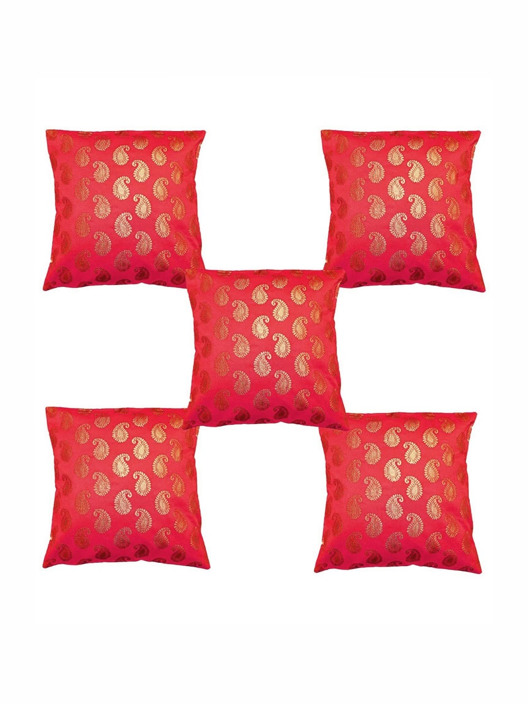 

Pink Parrot Red & Gold-Toned 5 Pieces Ethnic Motifs Square Cushion Covers