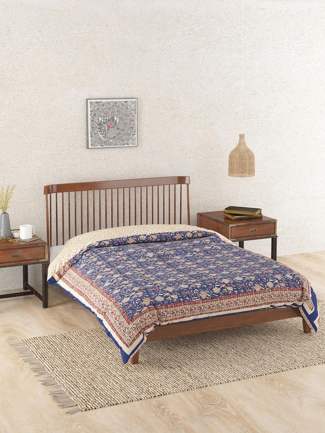 

Fabindia Mehulika Blue & Beige Ethnic Motifs 90 GSM AC Room Cotton Double Bed Quilt