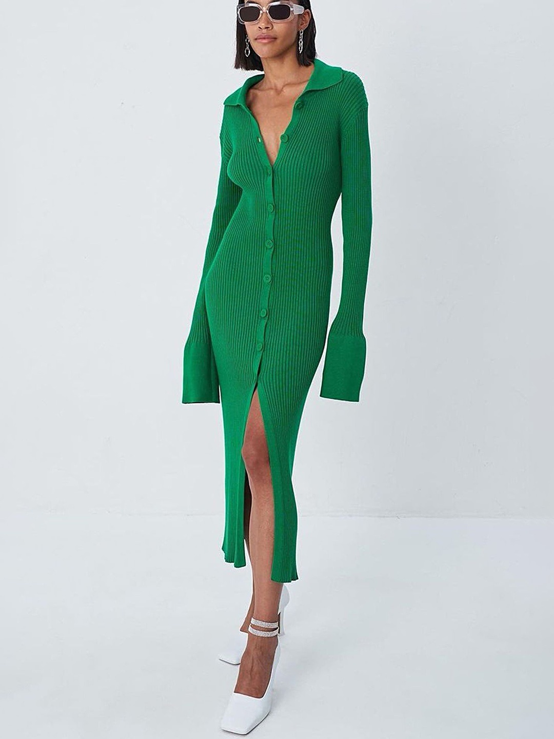 

LULU & SKY Shirt Collar Knitted Sheath Dress, Green