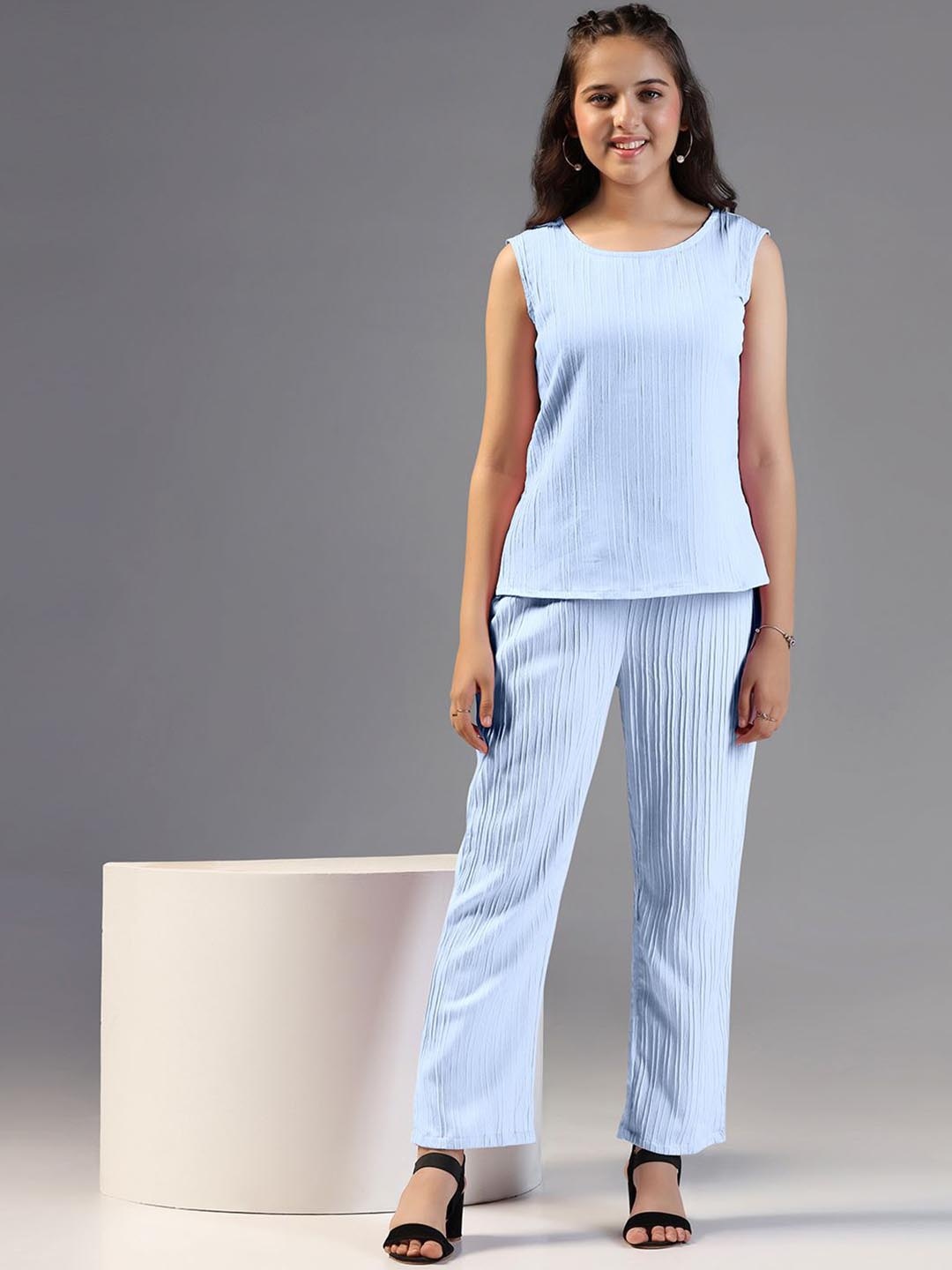 

OMPAX Girls Striped Sleeveless Top With Trouser, Blue