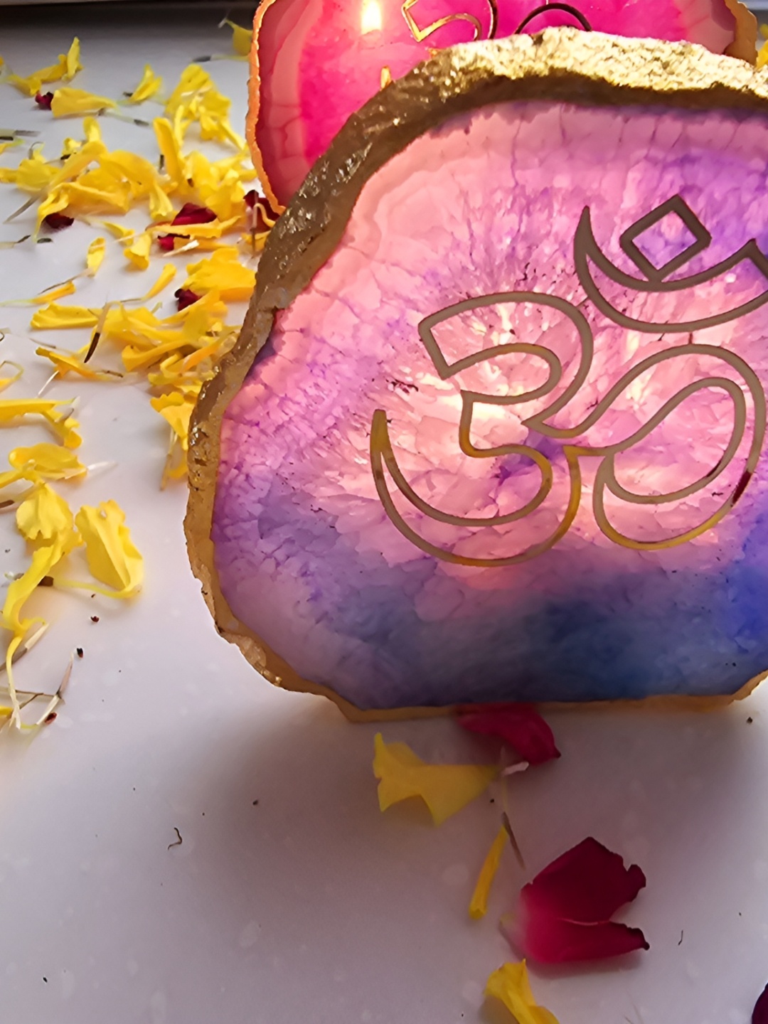 

HOMEARTE Gold-Toned & Blue OM Agate Stone Tea light Religious Candle Holder