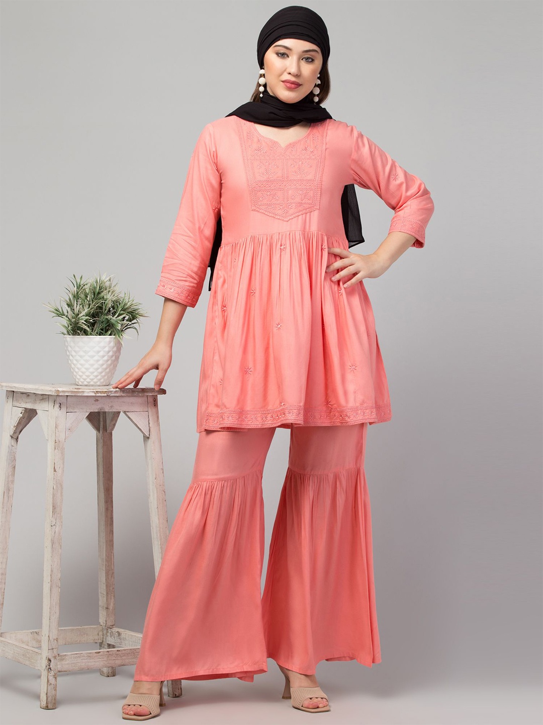 

MUSHKIYA Floral Embroidered Chikankari A-Line Kurta with Sharara, Peach
