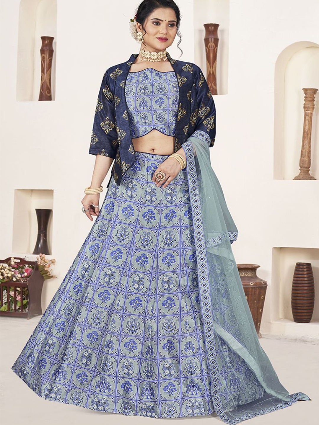 

Krimmple Printed Ready To Wear Lehenga & Blouse With Dupatta, Blue