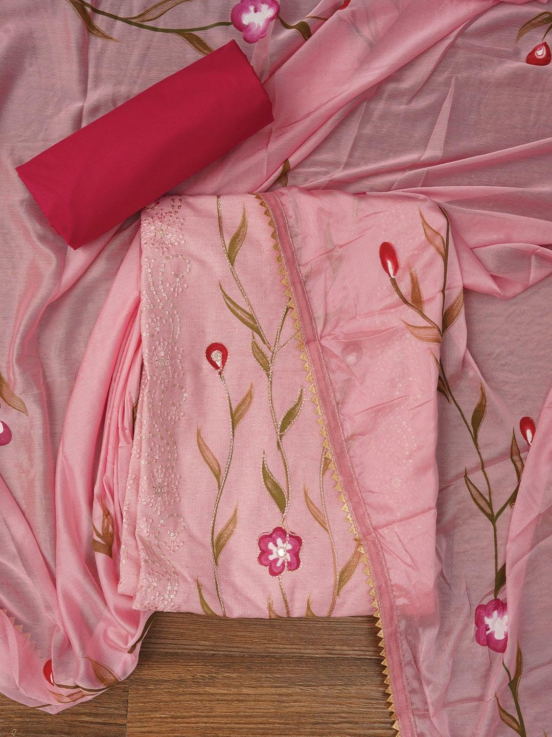 

Jaipur Kurti Handpainted Embroidered Dress Material with Dupatta, Pink