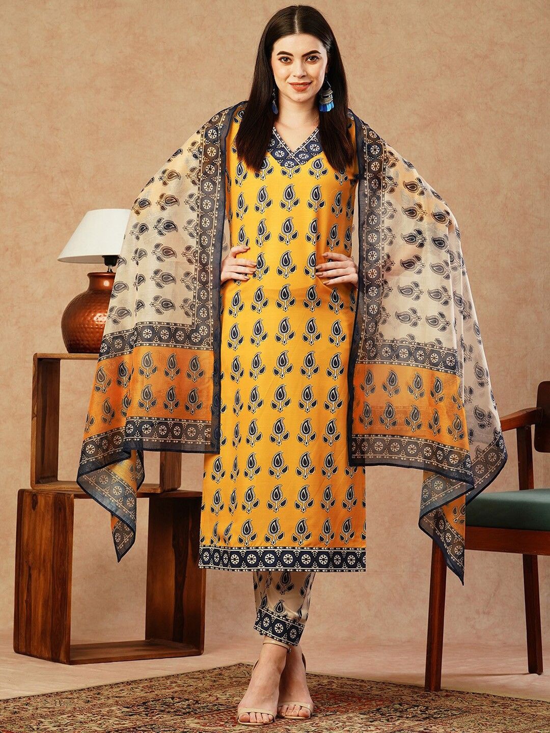 

Anni Designer Paisley Printed V-Neck Straight Kurta with Trouser & Dupatta Kurta Set, Mustard