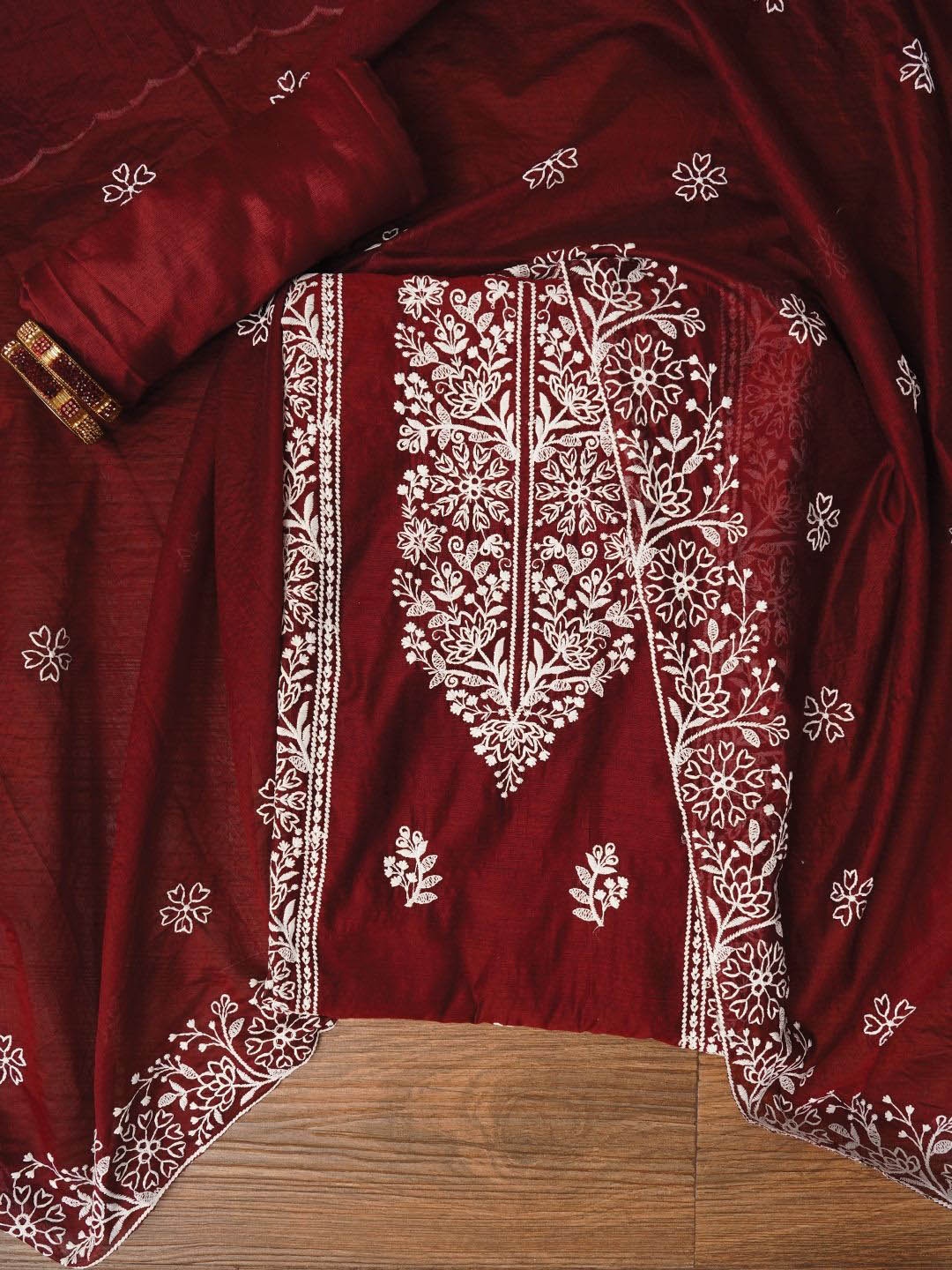 

Jaipur Kurti Zari Embroidered Organza Dress Material with Dupatta, Maroon