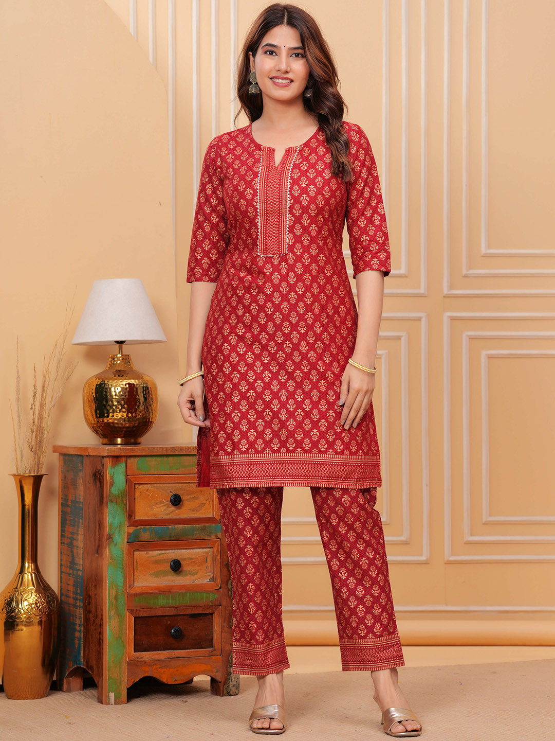 

BAESD Floral Printed Pure Cotton Straight Kurta With Trousers, Rust