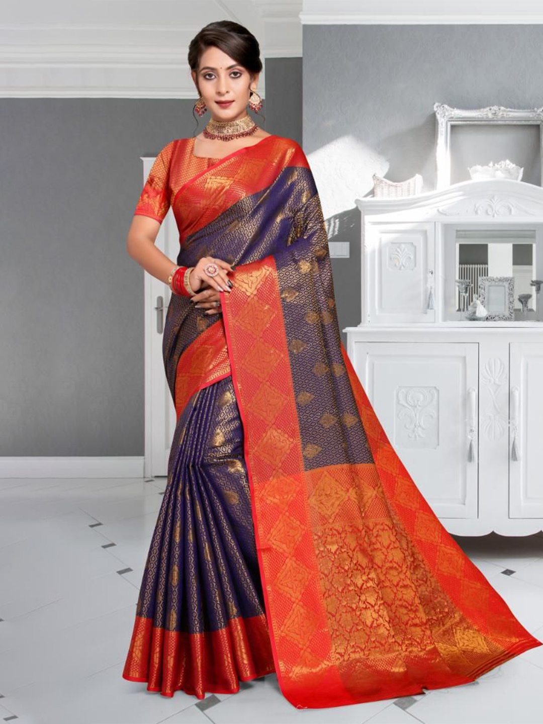 

JAY FASHION Woven Design Zari Banarasi Saree, Navy blue