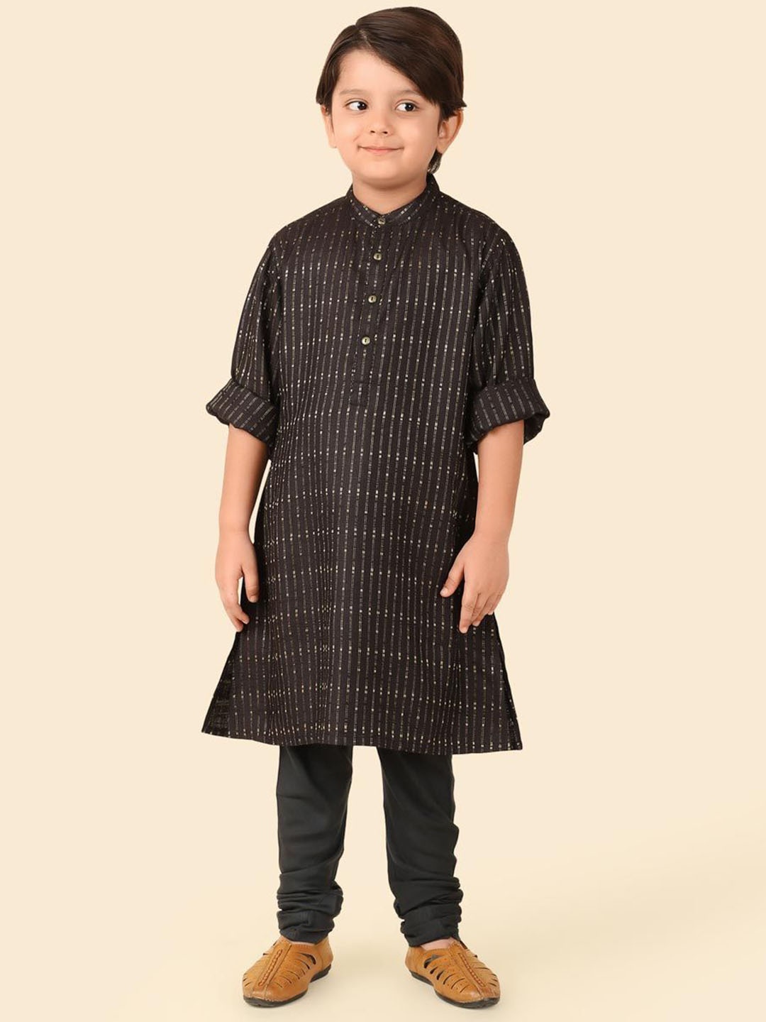 

Fabindia Boys Striped Band Collar Straight Kurta, Black