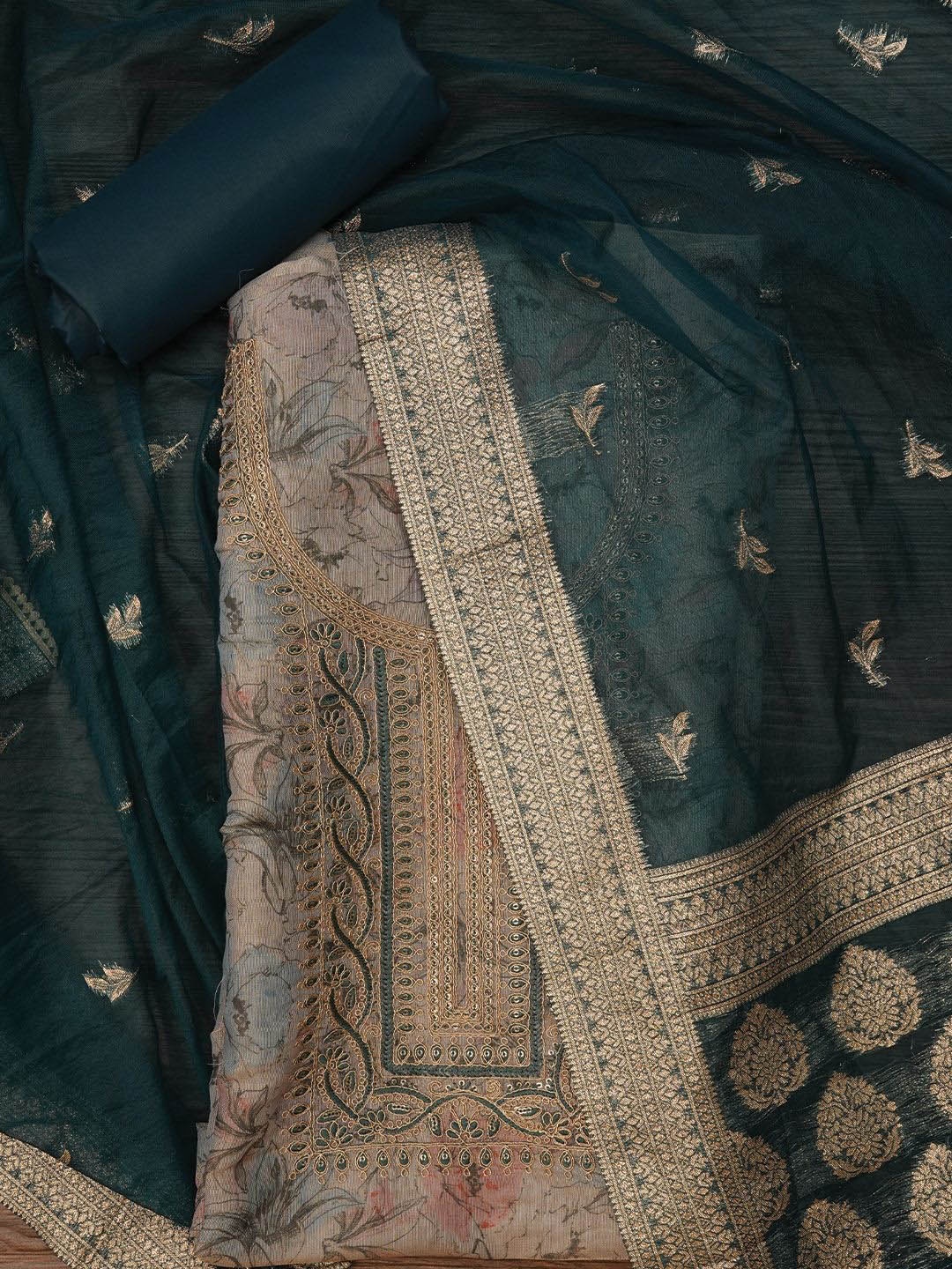 

Jaipur Kurti Floral Printed Embellished Organza Dress Material with Dupatta, Beige