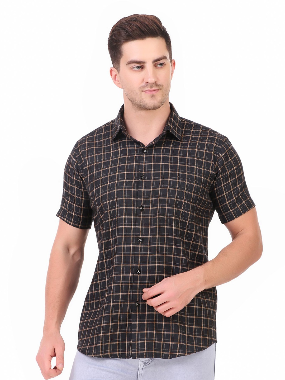 

DESIGN UP Men Classic Spread Collar Checked Slim Fit Formal Shirt, Black