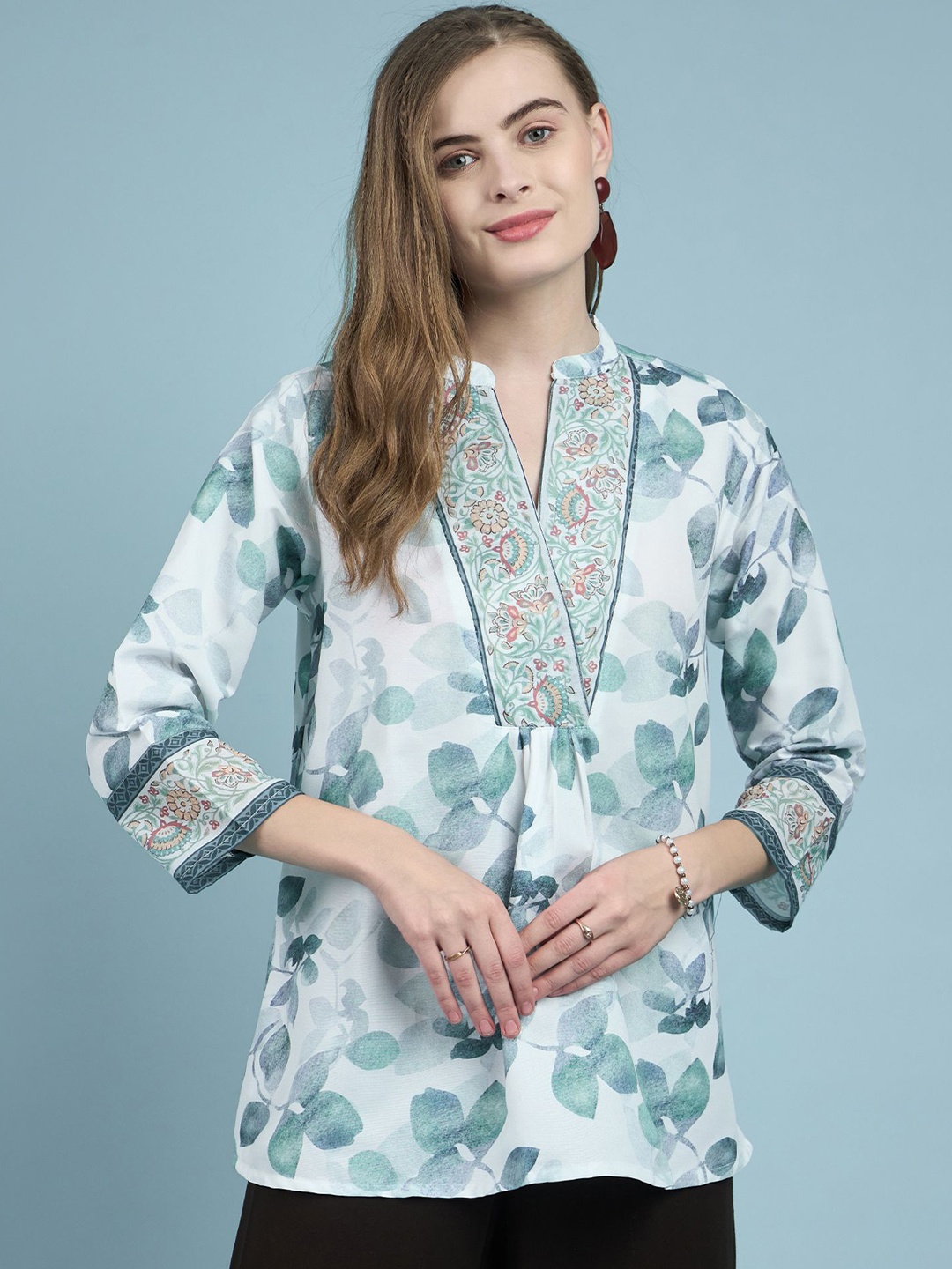 

VIRICA Women Floral Printed V-Neck Polycotton Top, White
