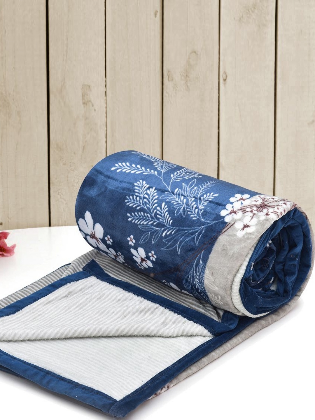 

RRC Blue & Cream Colored Floral Printed Woollen Mild Winter 350 GSM Double Bed Blanket