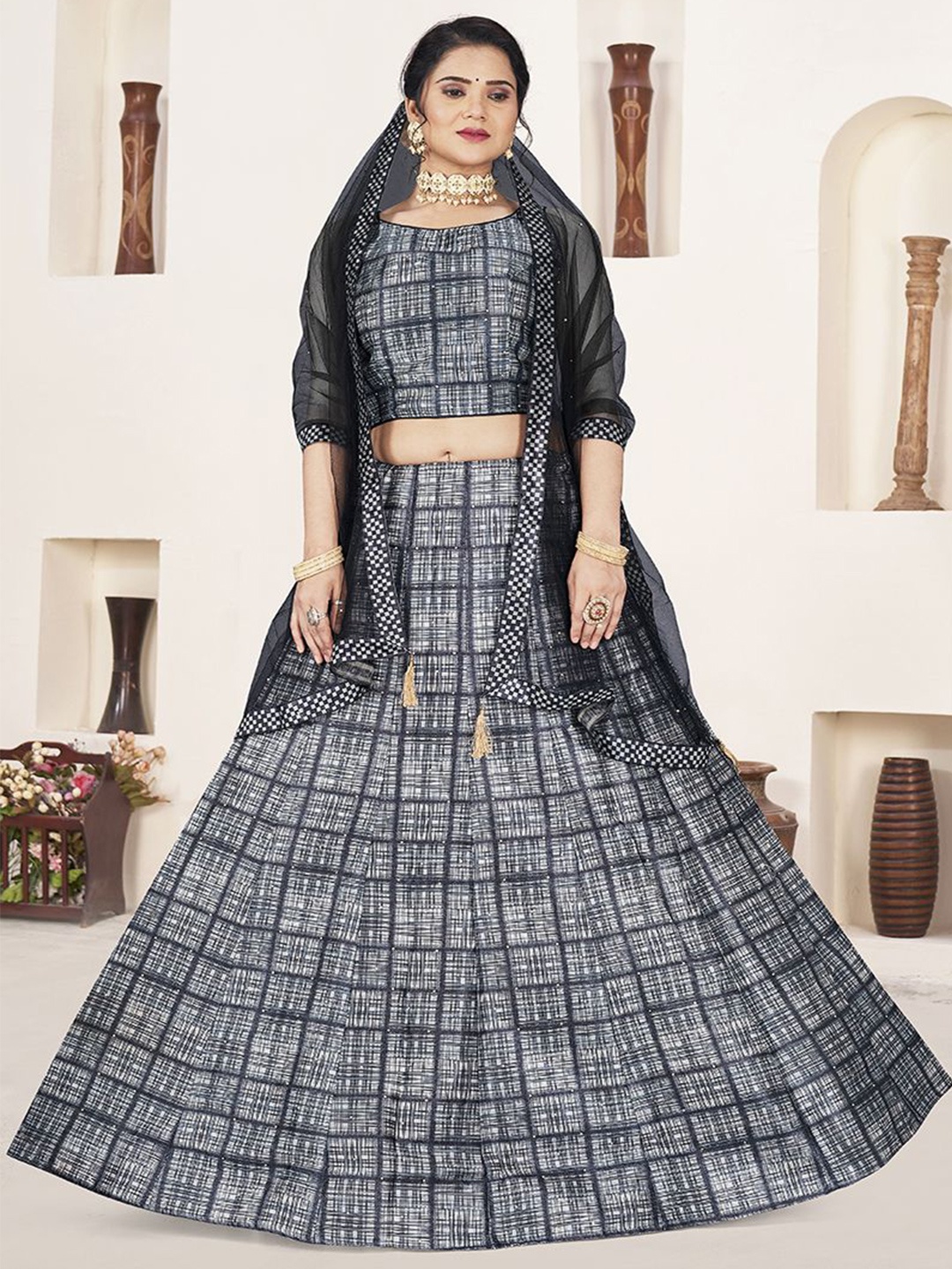 

Krimmple Printed Beads and Stones Ready To Wear Lehenga & Blouse With Dupatta, Black