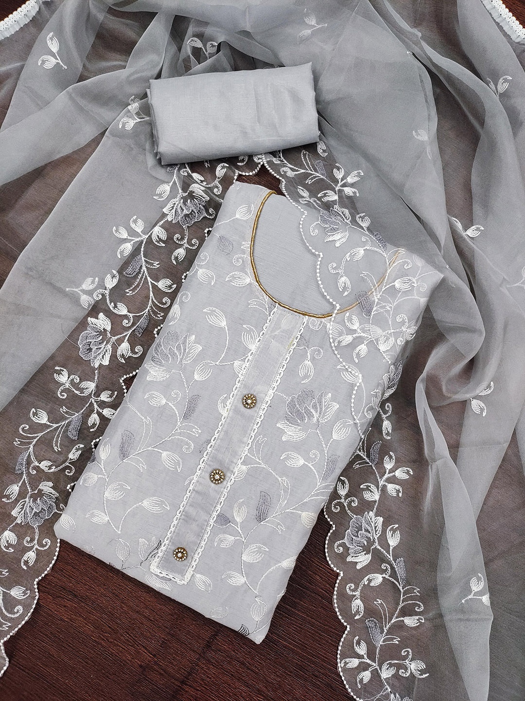 

KALINI Floral Embroidered Beads and Stones Detail Unstitched Dress Material, Grey