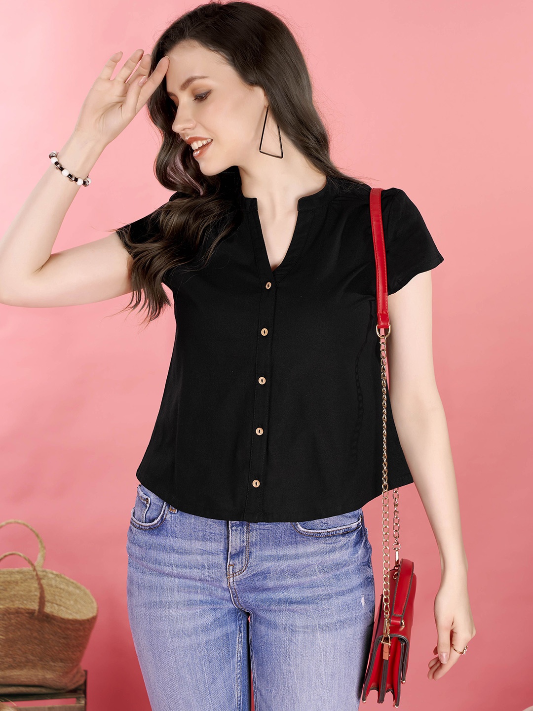 

Anouk Mandarin Collar Cotton Shirt Style Crop Top, Black