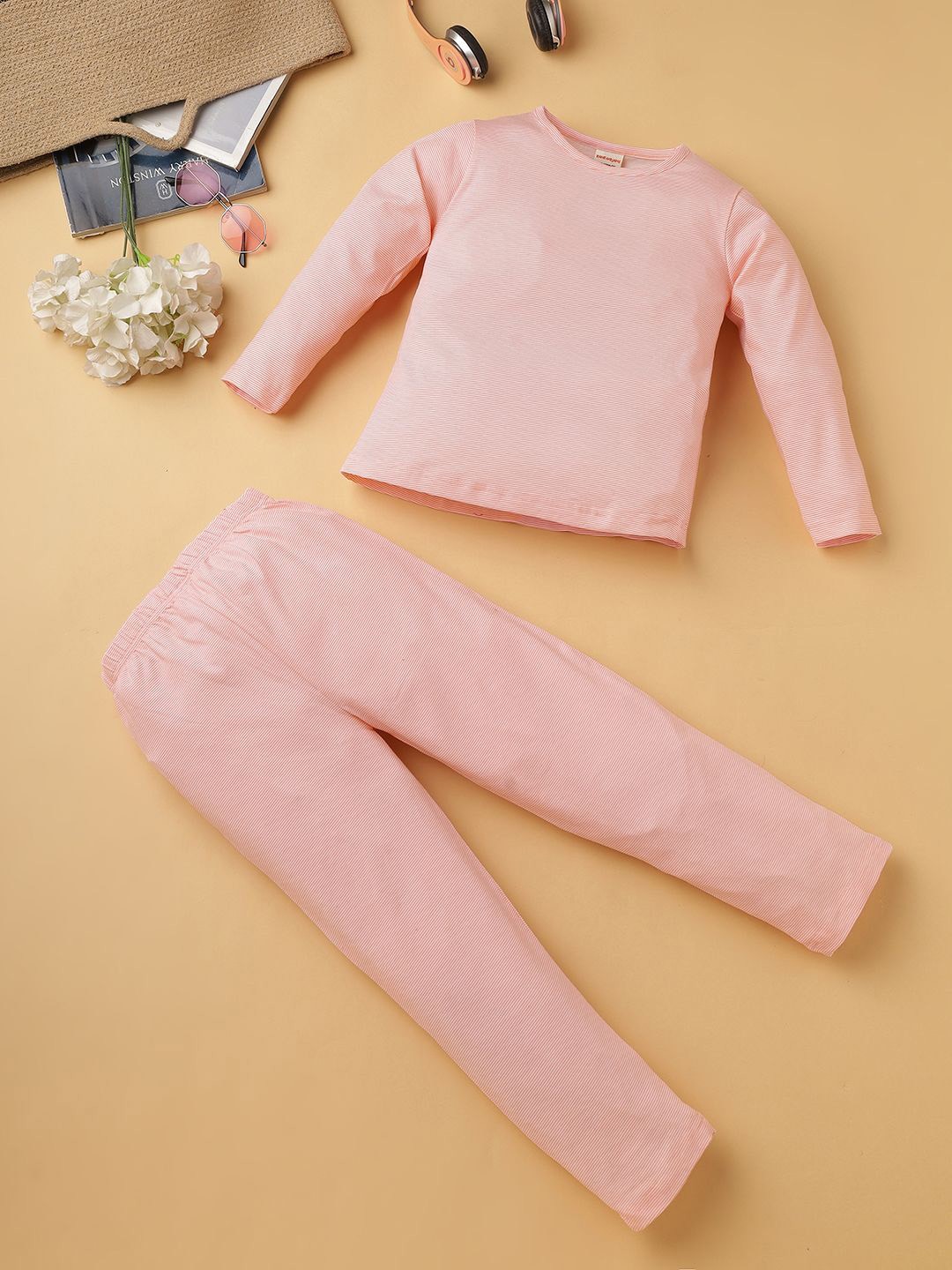 

RAINE AND JAINE Girls Striped Pure Cotton Night suit, Pink