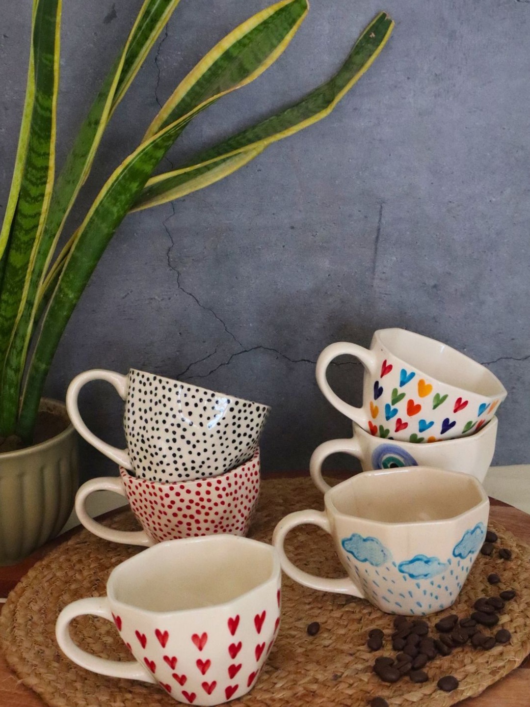 

WEAVING HOMES Beige & Red 6 Pieces Printed Ceramic Glossy Mugs 220ml Each