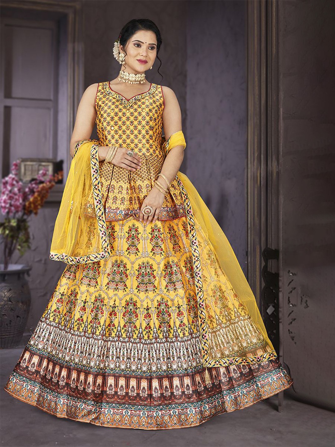 

Krimmple Printed Beads and Stones Ready to Wear Lehenga & Blouse With Dupatta, Yellow