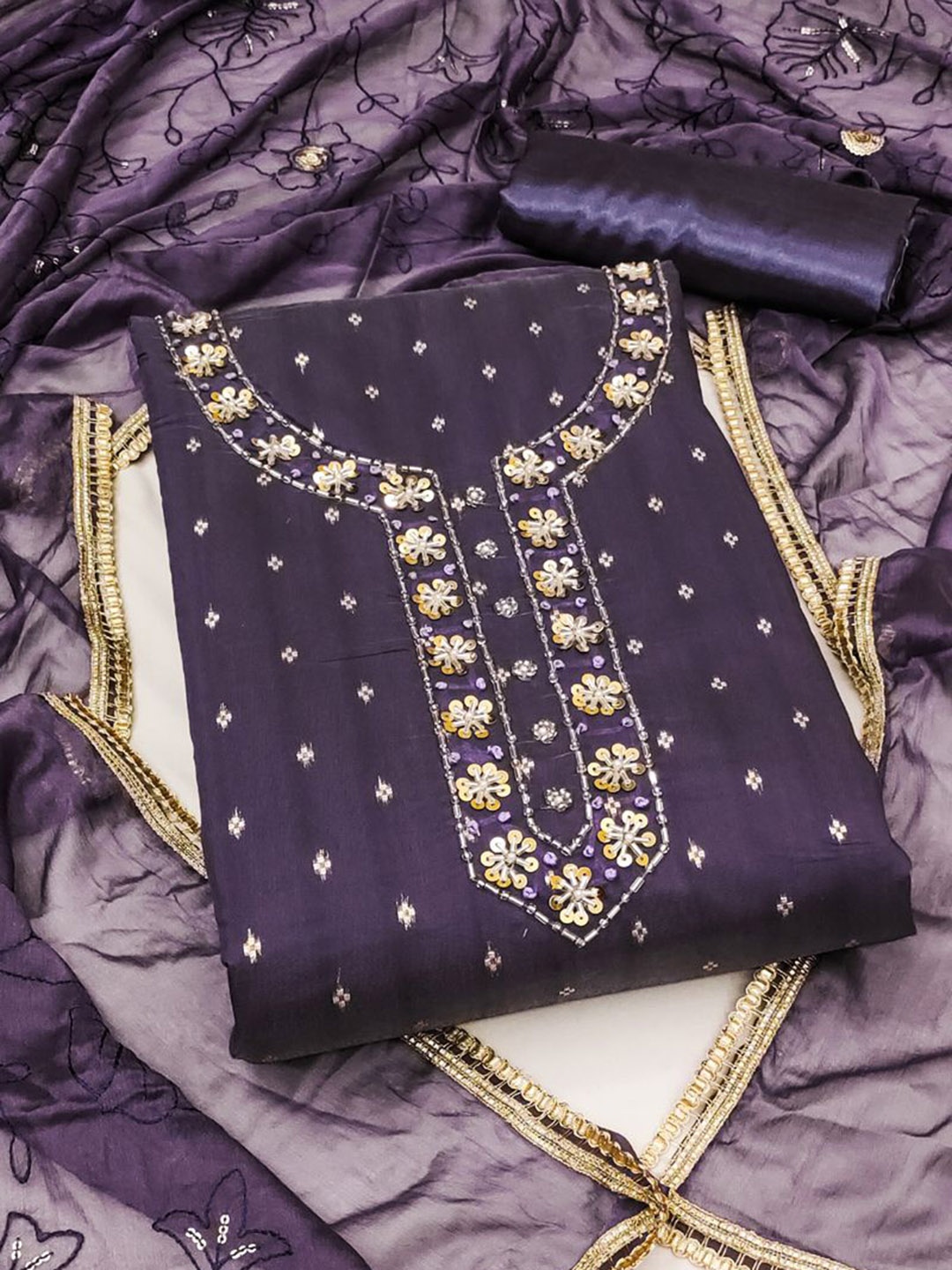 

ASISA Ethnic Motifs Embroidered Beads and Stones Unstitched Dress Material, Purple