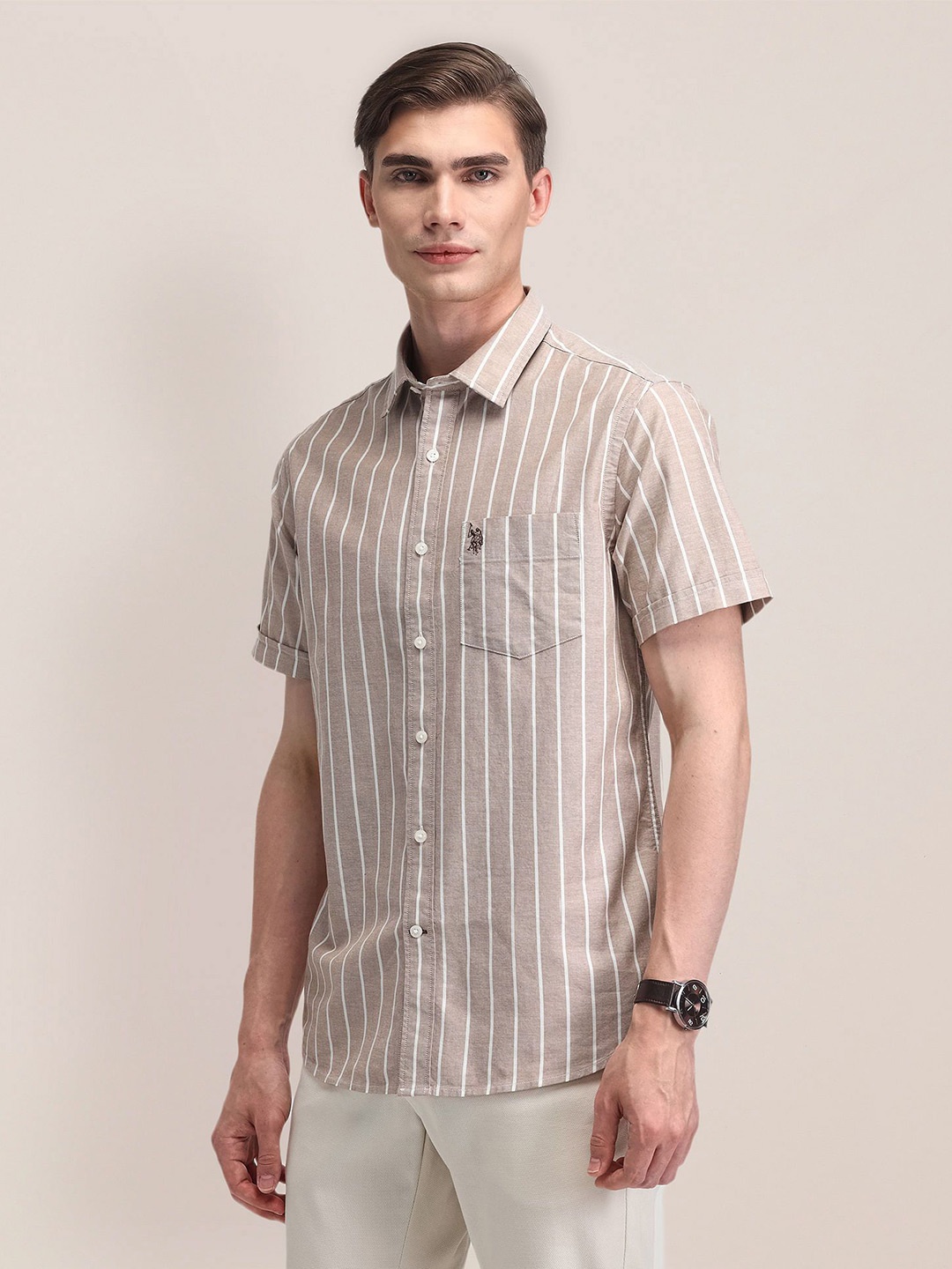 

U.S. Polo Assn. Men Classic Opaque Striped Casual Shirt, Brown