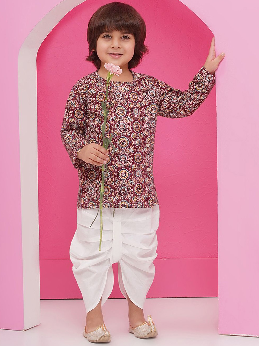 

Aj DEZInES Boys Ethnic Motifs Printed Pure Cotton Straight Kurta With Dhoti Pants, Maroon