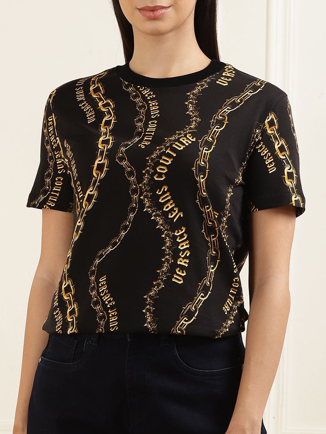 

Versace Jeans Couture Women Abstract Printed Round Neck Cotton Slim Fit T-shirt, Black