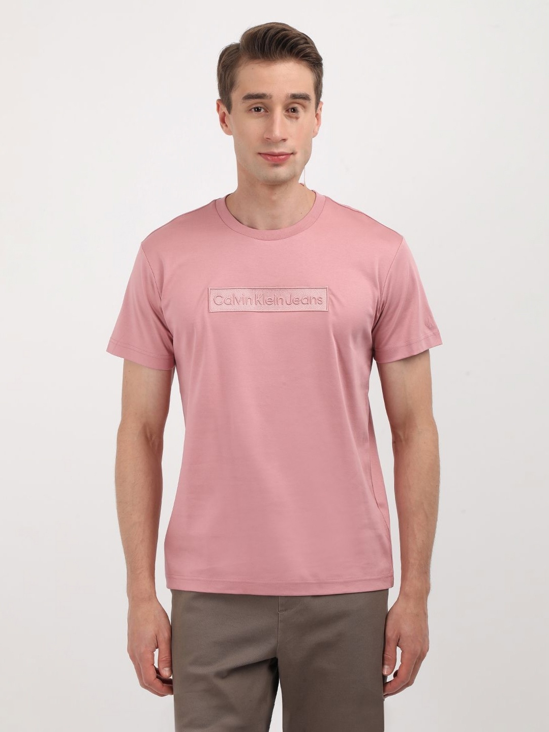 

Calvin Klein Jeans Men Typography Printed Round Neck Cotton T-shirt, Pink