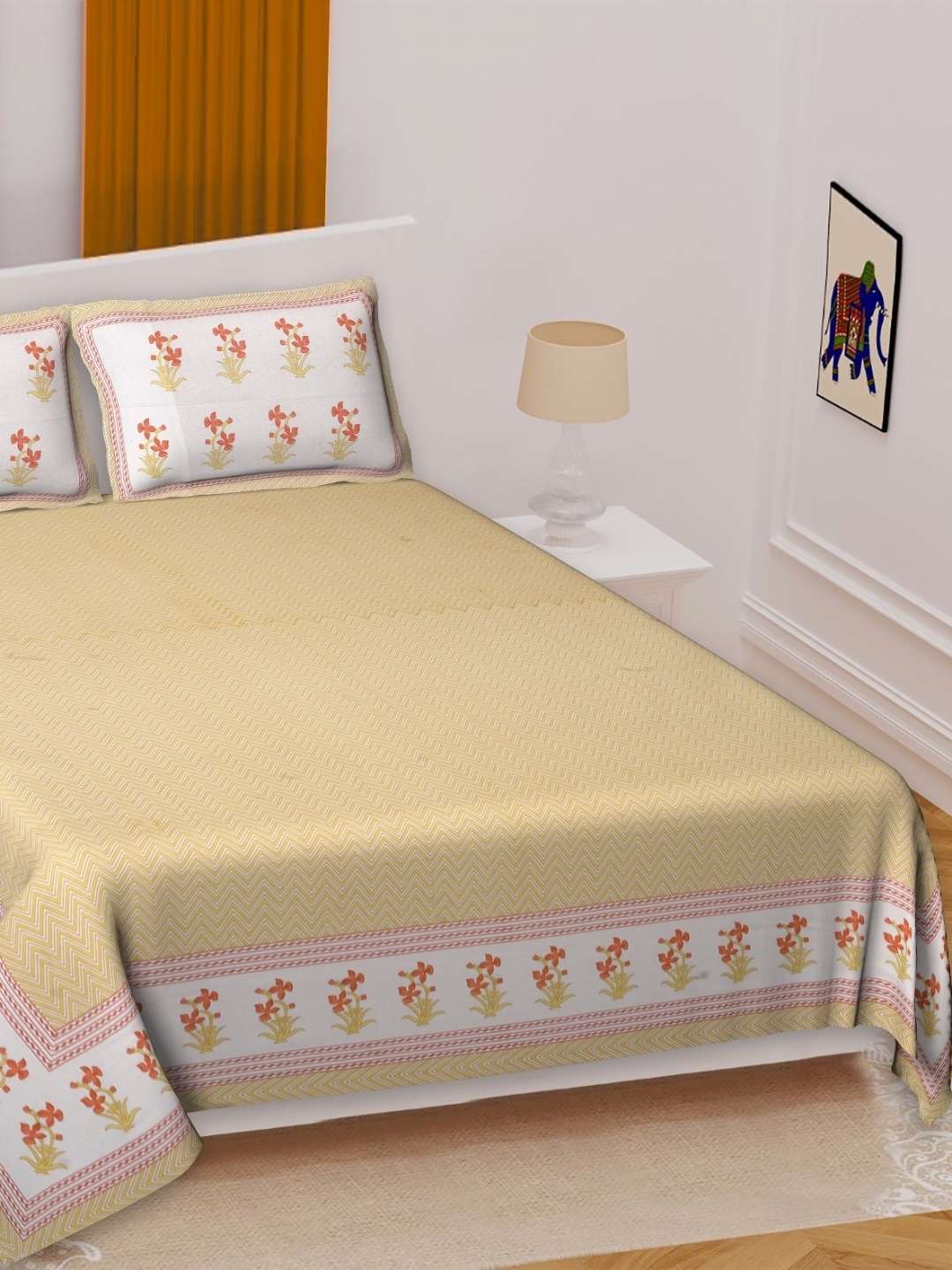 

Texstylers Yellow & White Floral Printed Cotton 144 TC Queen Bedsheet with 2 Pillow Covers