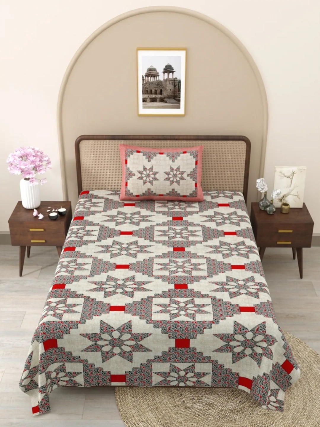 

LIVING ROOTS Grey & Red Ethnic Motifs Cotton 144 TC Single Bedsheet with 1 Pillow Cover
