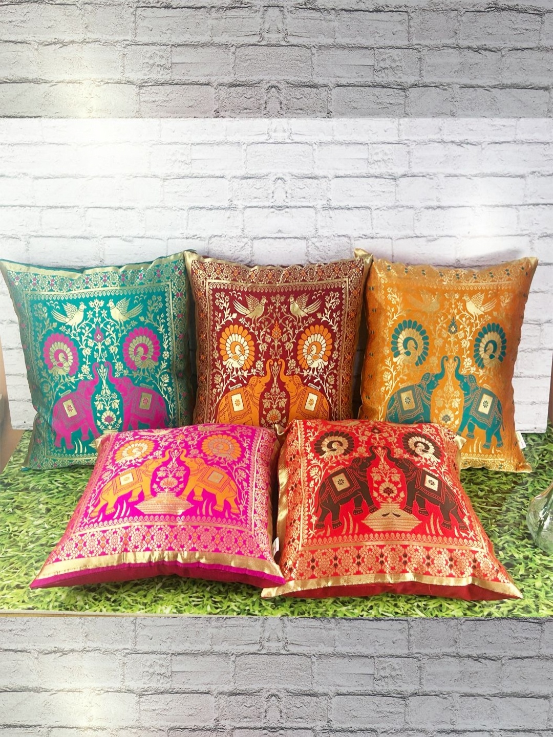 

Pink Parrot Red & Pink 5 Pieces Ethnic Motifs Square Cushion Covers